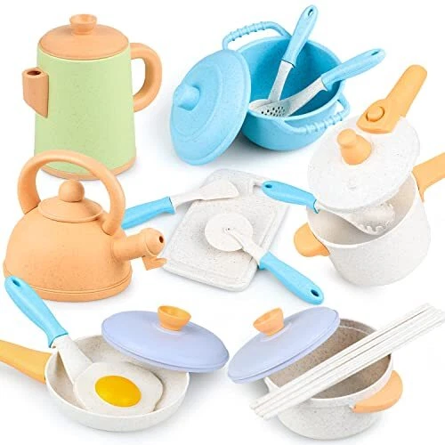 Kitchen Pretend Toy Role Play Kitchen Accessories Cookware Pot and Pan  16 Pcs