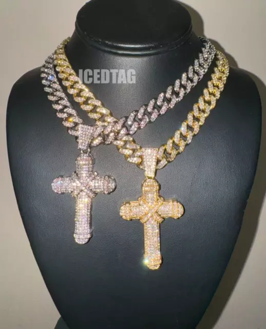 Iced Bling Out Cross Pendant, 24" Iced Cubic Zirconia Chain Hip Hop Necklace Men 2