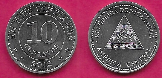 NICAGARUA 10 CENTAVOS 2012 UNC COAT OF ARMS WITH LEGEND AROUND,VALUE ABOVE,Coat