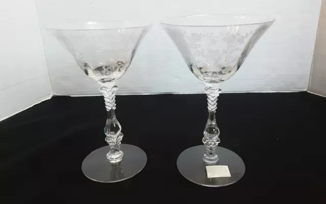 Lot of 2 Vintage Cambridge ROSEPOINT Clear Etched Glass Champagne Tall Sherbets