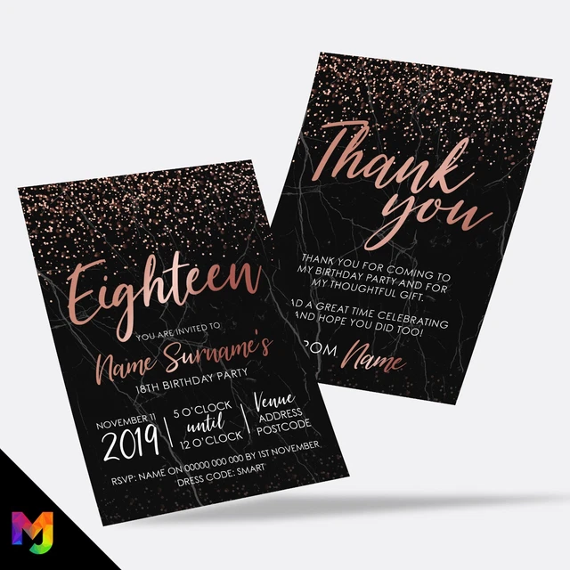 PERSONALISED 18TH BIRTHDAY Party Invitations | Black Marble Rose Gold Style  6.99 - PicClick UK