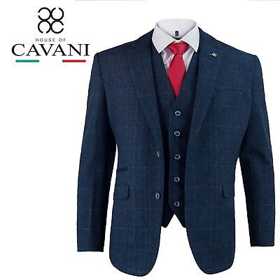 Mens Cavani Tweed Blue Check Herringbone Blazer Wasitcoat Trousers 3 Piece Suit