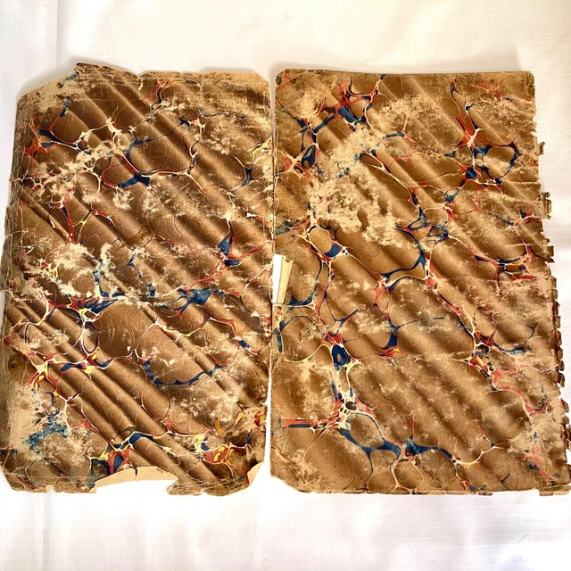 Antique Marbled Paper from an 1865 Bible, 2 Pages in Brown, Blue, White, and Red