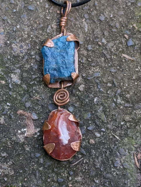 Raw Kyanite And Carnelian Hand Made Talisman Artisan Copper Necklace .A19d