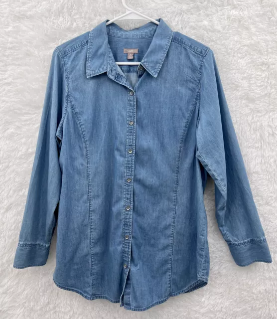 J Jill Top Shirt Women’s Med Petite Blue Chambray Denim Button Up Blouse Jean