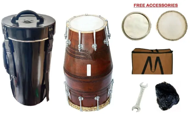Dholak / Dholki Traditional Musical Instrument Gajara Skin With Fiber Case