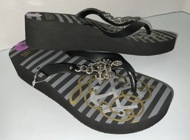 Guess Sandals Womens Sz 8 1/2 Flip Flops Wedge Heel Black W/ Silver Charms NEW