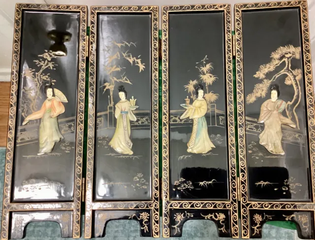 Vintage Wooden Black-Lacquered Geisha 4 Panel Tabletop Screen Divider