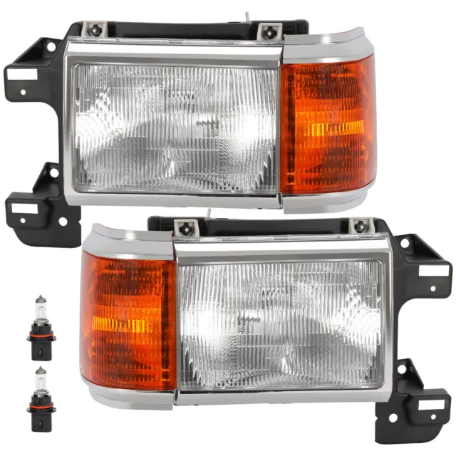 Pair Headlights Lamps For Ford Bronco F-Series Truck 87-91 w/ Chrome Trim LH+RH