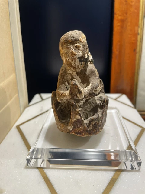 17th C Carved Wood Prayer Monk Fragment on Lucite Plinth