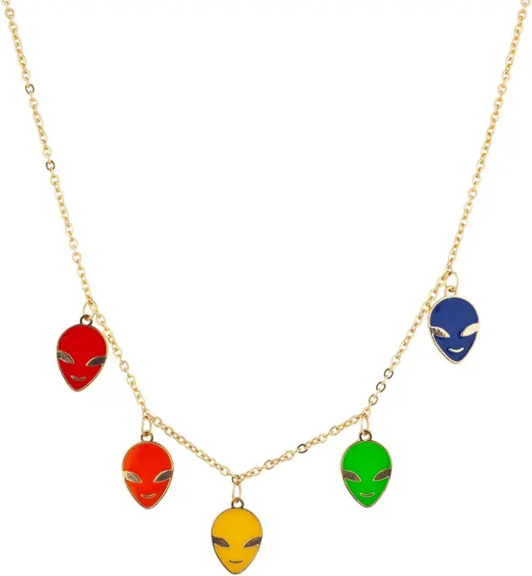 Gold Tone Multicolor Enamel Alien Multi Charm Pendant Necklace