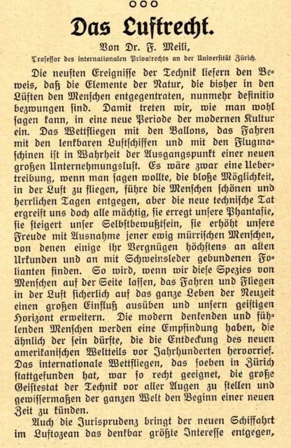 Prof.Dr.F. Meili Zürick Luftrecht in der modernen Schiffahrt in den Lüften 1909