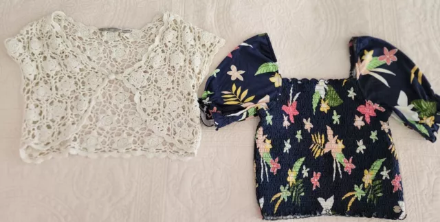 Roxy girl floral top navy blue and crochet knit ivory gold lot girls size XL