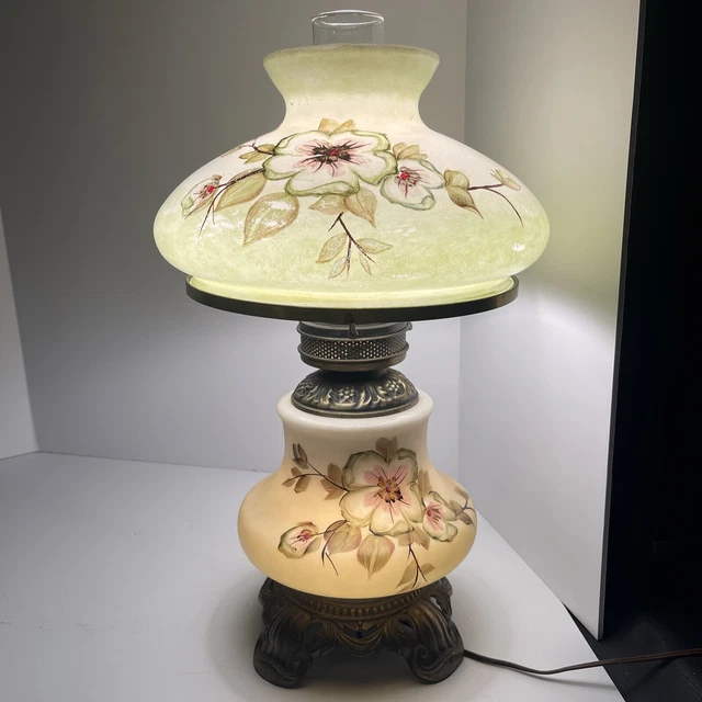 VTG Accurate Casting 3-Way Parlor Hurricane Lamp Green Flower Hand Painted 19”