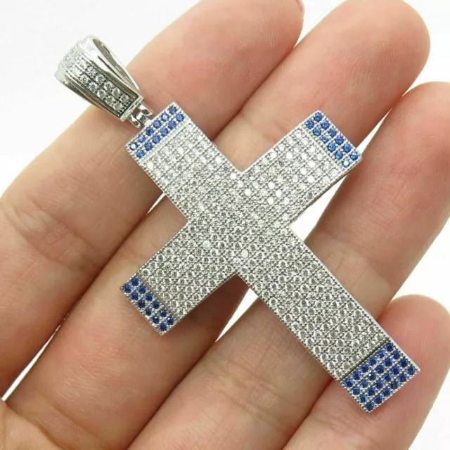 Men's 2Ct Round Cut Blue Sapphire Simulated Cross Pendant 14K White Gold Plated