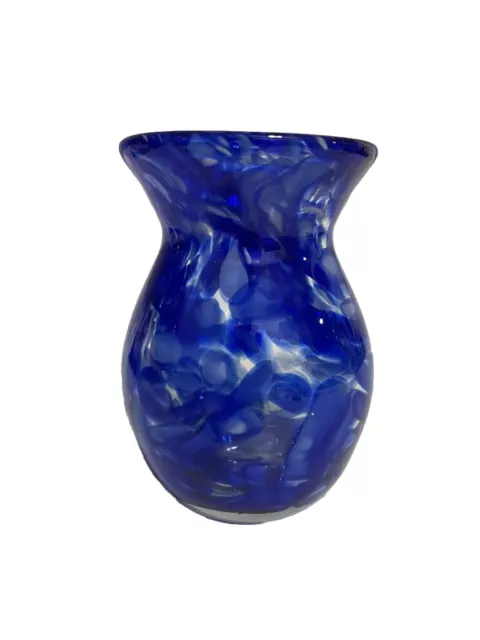 Cobalt Blue And White Hand Blown Art Glass Vase Flared Top 5.5 Murano Style