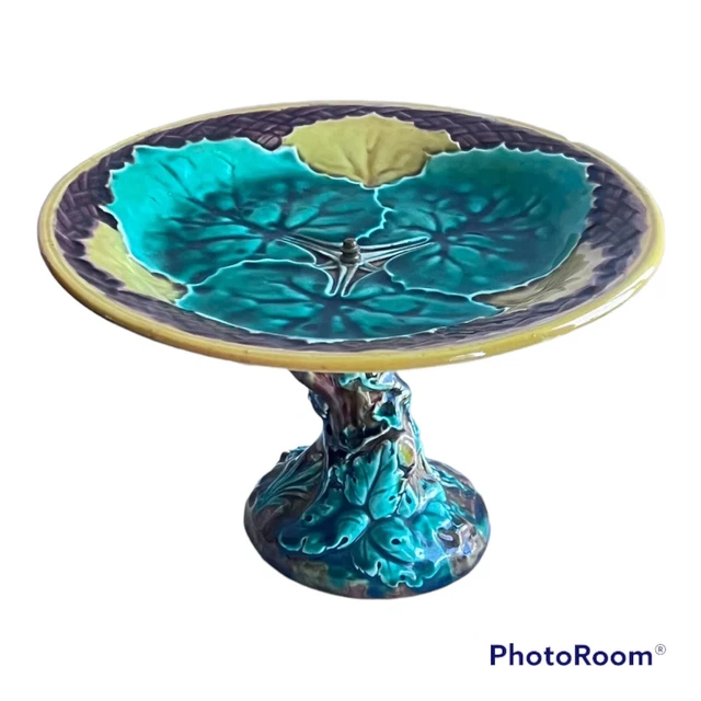 Antique Wedgwood Majolica Grape Leaf  Pedestal Stand Compote Tazza Bowl