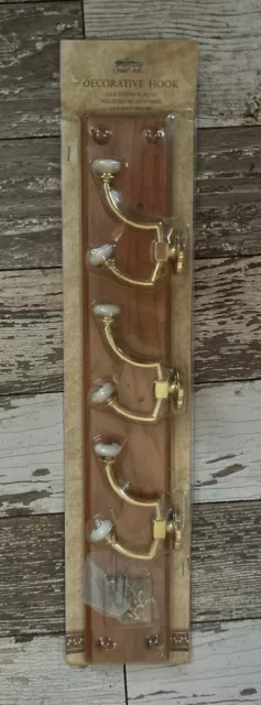 Vintage Three Double Hook  OAK WOOD BRASS PORCELAIN Wall Mounted  Coat Hat RacK