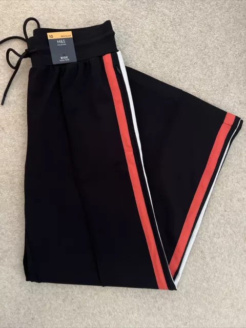 M&S WOMENS BLACK HIGH WAISTED WIDE LEG ORANGE WHITE SIDE STRIPE TROUSERS Size 10