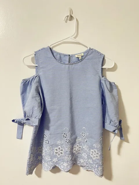 Monteau Girls Size XL Top Blouse Blue Striped With Flower Embroidered Lot Of 2 2