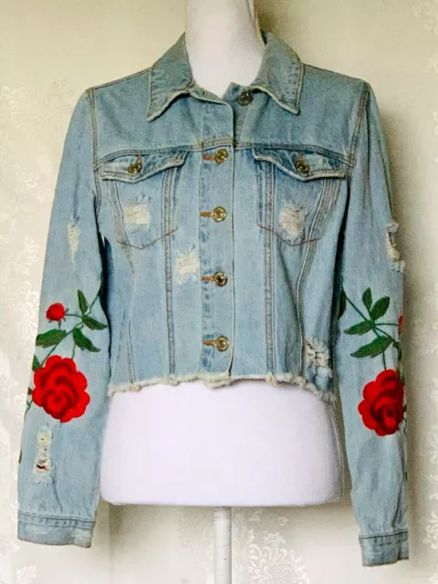 Forever 21 Womens S Embroidered Rose Distressed Acid Washed Denim Cropped Jacket