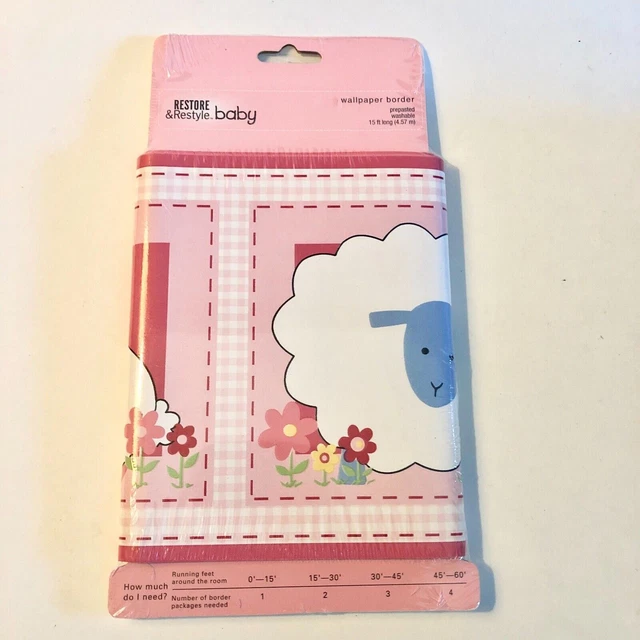 Kids Room Pink Sheep Wallpaper Border Bunny Flowers 15 Ft.