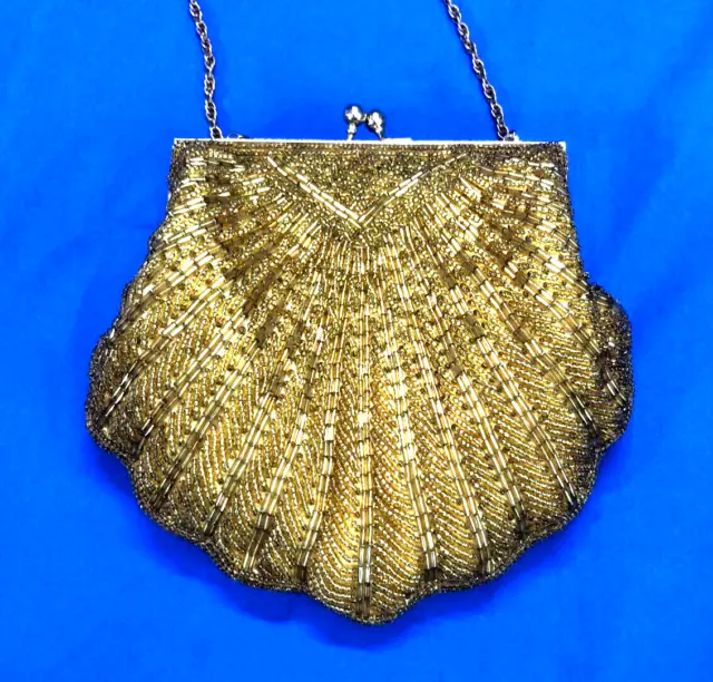 VTG WALBORG Padded Silk BEADED Shiny Gold EVENING Kiss Lock CHAIN CLUTCH BAG