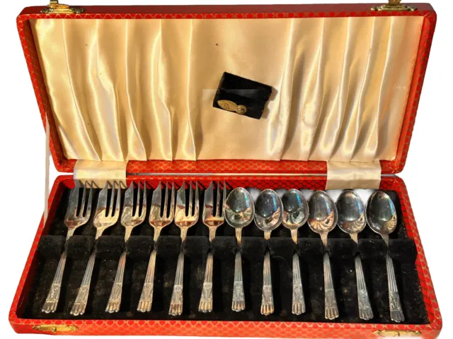 YEOMAN  EPNS Silver Plated 12 Dessert Tea 5” Forks & Spoons In Presentation Box