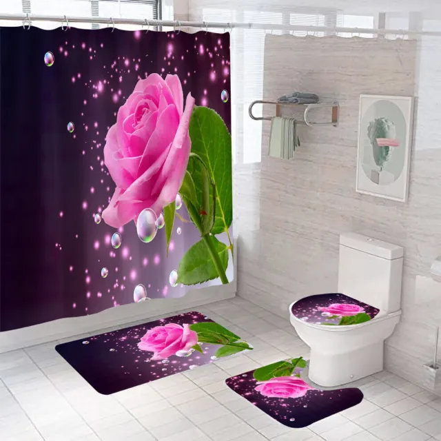 Rose Shower Curtain Rug Set Thick Bath Mat Non-Slip Bathroom Toilet Lid Cover