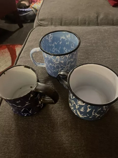 Three Vintage Graniteware Cups Blue And White