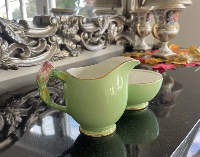 1950s Royal Winton Rosebud Handle Green Creamer Milk Jug And Sugar Bowl