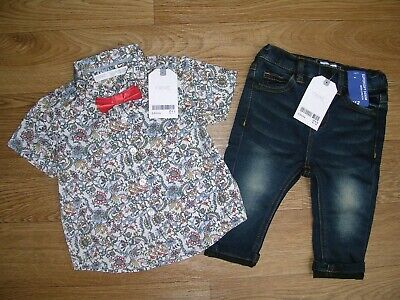 BNWT NEXT Boys Blue Skinny Jeans Floral Shirt Dickie Bow Tie Age 3-6 Months NEW
