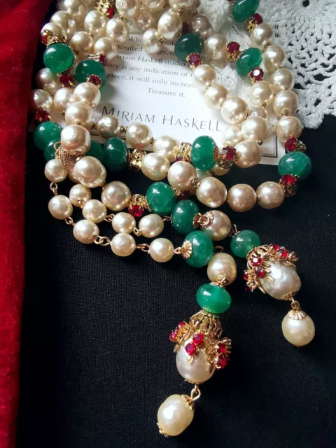 MIRIAM HASKELL SIGN LARIAT Baroque Faux Pearl Faux Jade Red Montée Brass Accent