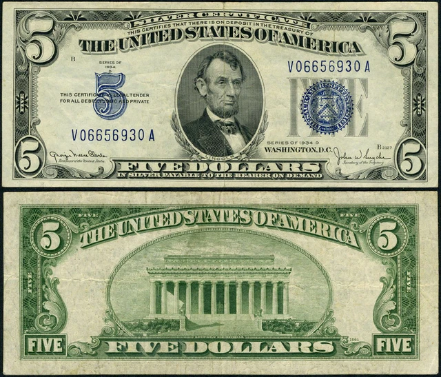 FR. 1654* $5 1934-D Silver Certificate Wide I VF Star