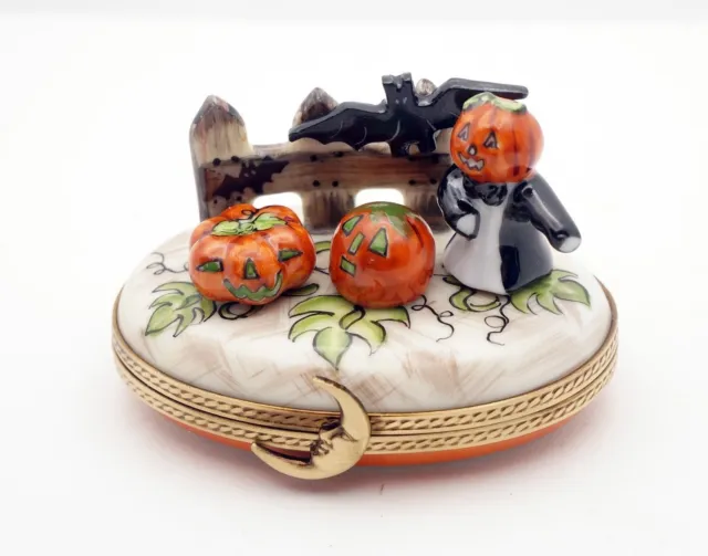 New French Limoges Trinket Box Halloween School with Jack 'O' Lantern Pumpkins