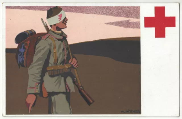 1915 WWI era Red Cross Poster Art - Injured Military Soldier - Vintage Postcard