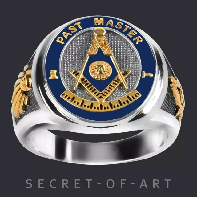 Past Master Ring Masonic 925 Silver Freemason Jewelry Mason Masonry Blue enamel