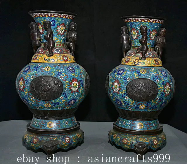 16.4" Old Chinese Qianlong Marked Cloisonne Bronze Flower Tongzi Lion Vase Pair