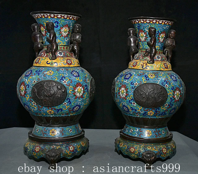 16.4" Old Chinese Qianlong Marked Cloisonne Bronze Flower Tongzi Lion Vase Pair