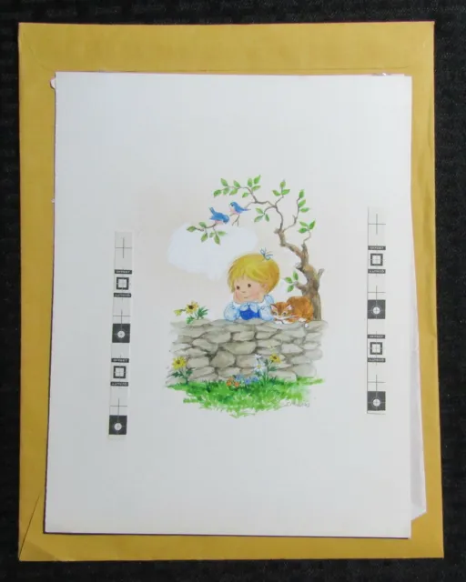 JUST CANT WAIT Cute Girl & Kitten on Stone Wall 7.5x9.5 Greeting Card Art #C9202