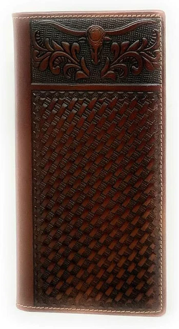 Western Genuine Leather Basketweave Floral Tooled Longhorn Mens Long Bifold Wall 3