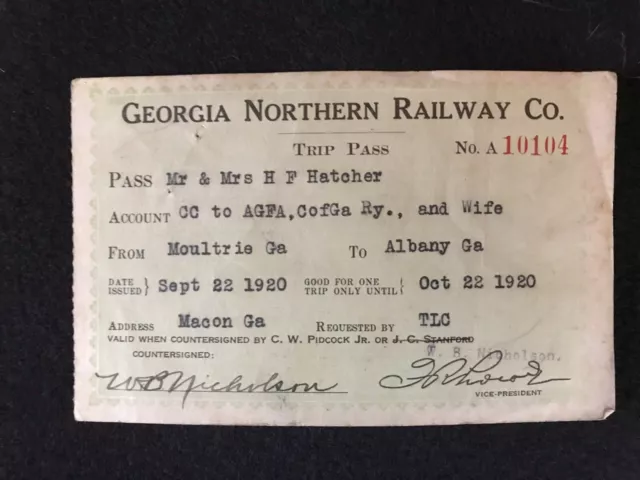 Vintage 1920 Georgia Northern Railway Co. Trip Pass
