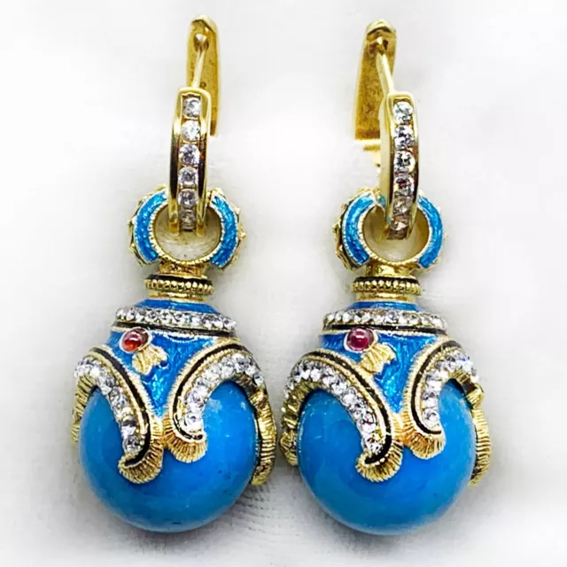 925 Sterling BlueTurquoise Faberge Egg Earrings Swarovski Crystal Garnet Enamel