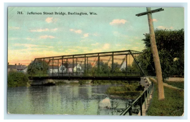 1912 Jefferson Street Bridge Burlington Wisconsin WI Lyons Posted Postcard