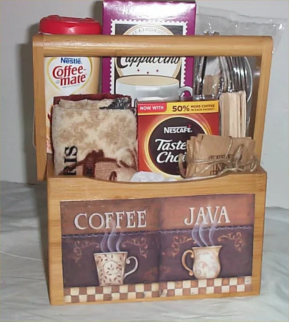 Bamboo Flatware Caddie Gift Basket Coffee Towel Creamer Sugar Cappuccino Napkin