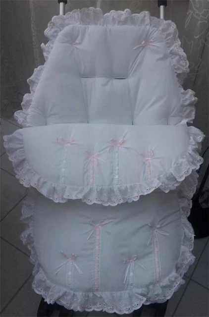 Baby's Cosy Toes / Footmuff 3-in-1 in white with pink 4 slot ribbon design