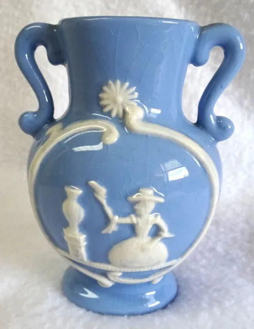 Vin 2-Handle Vase Jasperware Style Urn Made in Japan Crazed Blue & White 5-7/8"