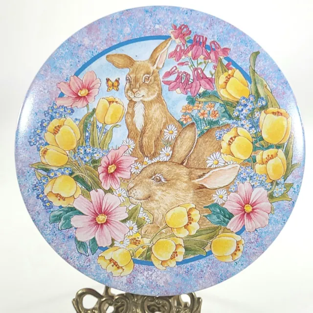 Vintage Rabbits Tin Bunny Round Cookie Chocolate Easter Spring Flowers Metal