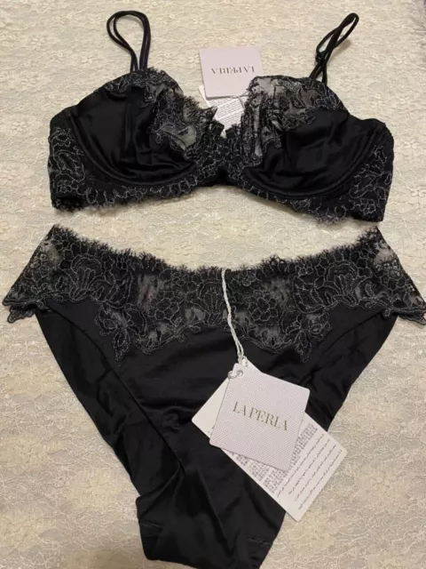LA PERLA AGNESE Silk Demi Bra Brazilian Panty Set 32C S Black $275.49 -  PicClick