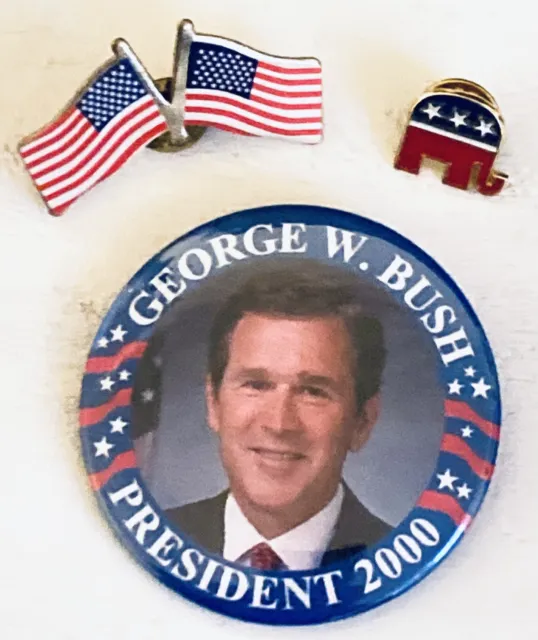 Vintage Lot Of 3 Republican Pins G.W. Bush 2000 Pin Flag Pin Republican Pin